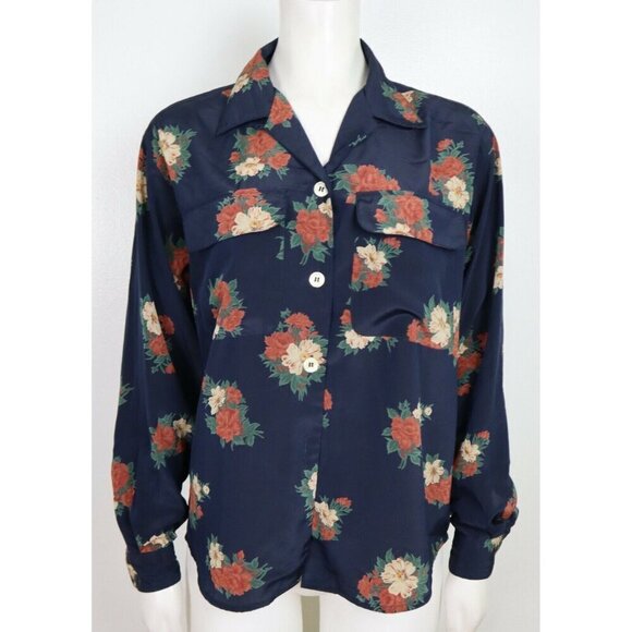 VINTAGE WOMEN'S SILKY TEXTURED BLOUSE - RUSS - BLUE FLORAL PRINT - SIZE 6P - Picture 1 of 7